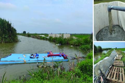 El equipo de extracción de lodos durante los ensayos en la Albufera.